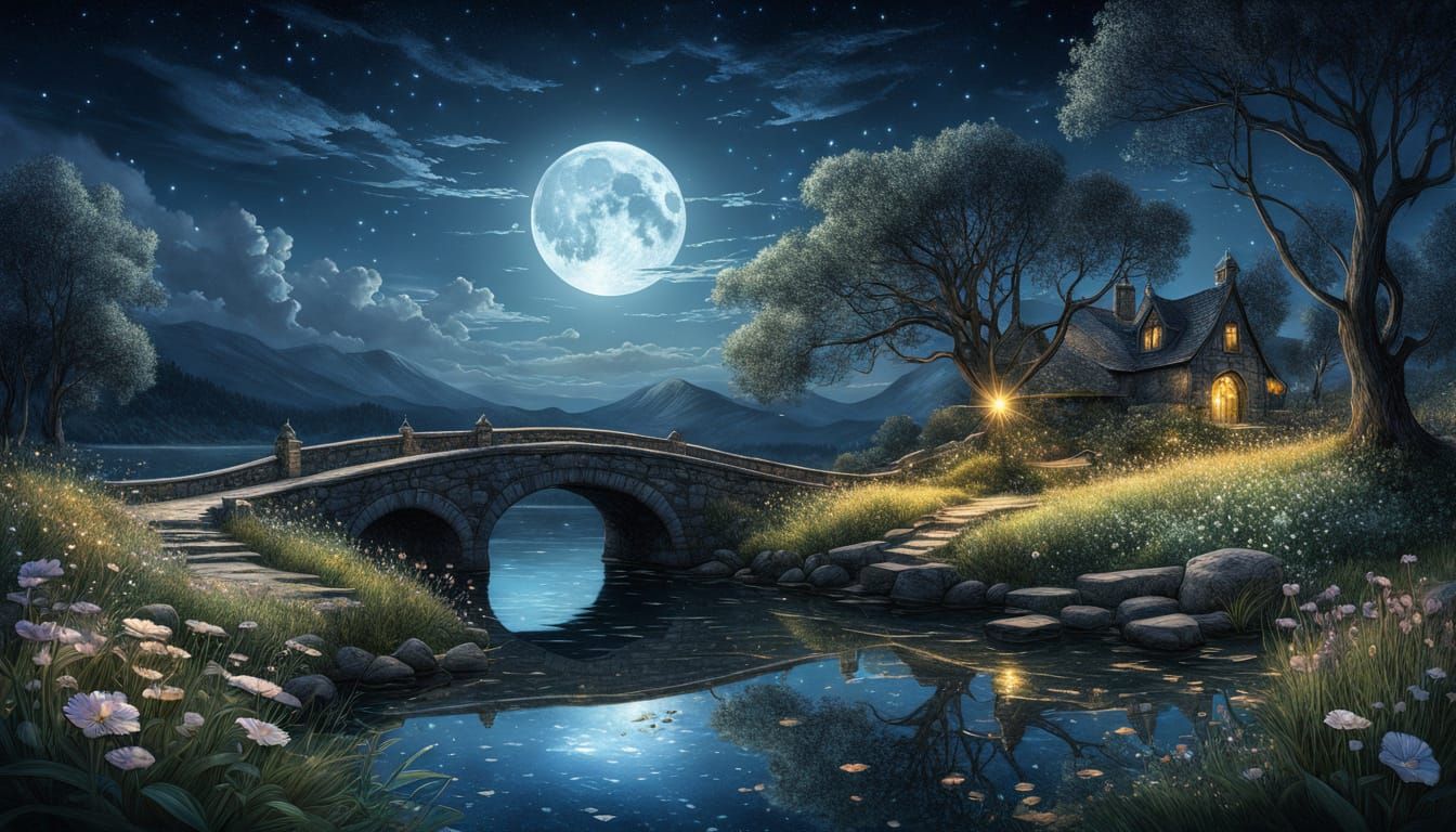 Floral Meadow and Stone Bridge in Storybook Style