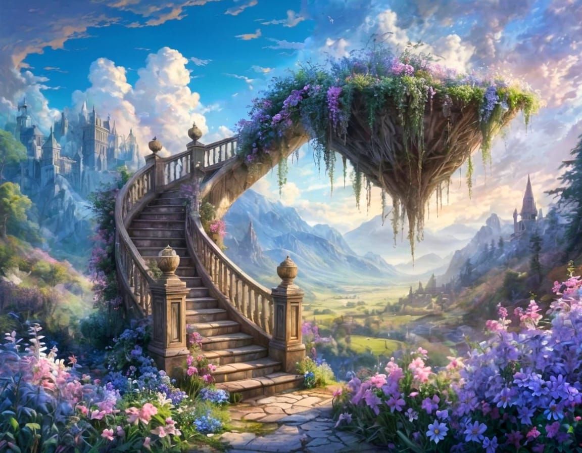 Enchanted Stairway to Sky Island: Digital Watercolor