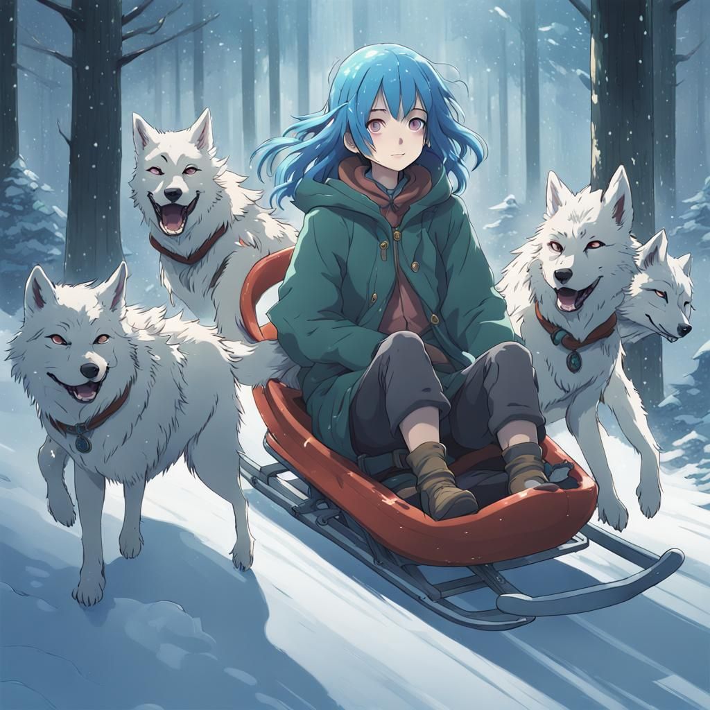 Gothic Girl Sledding with Wolves: Anime Key Visual