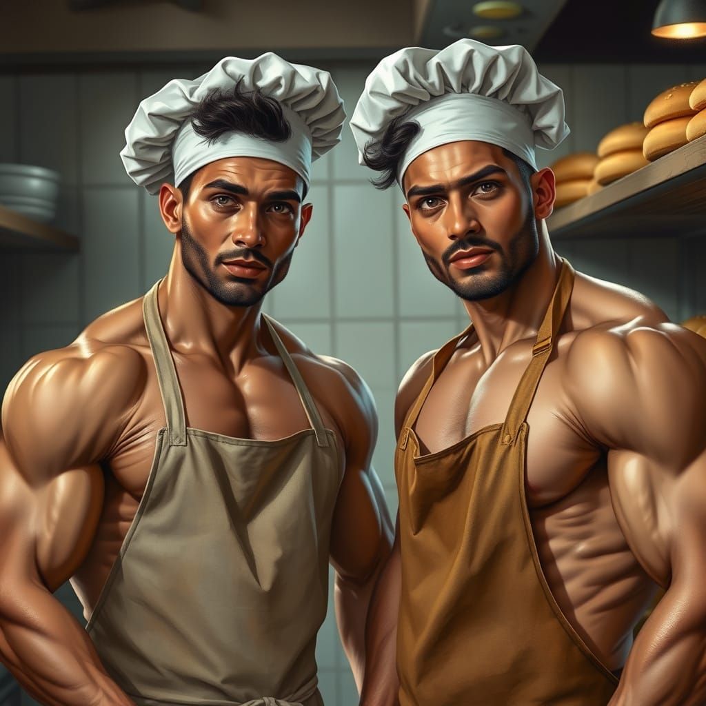 Muscular Chefs Baking Buns in Realistic Style