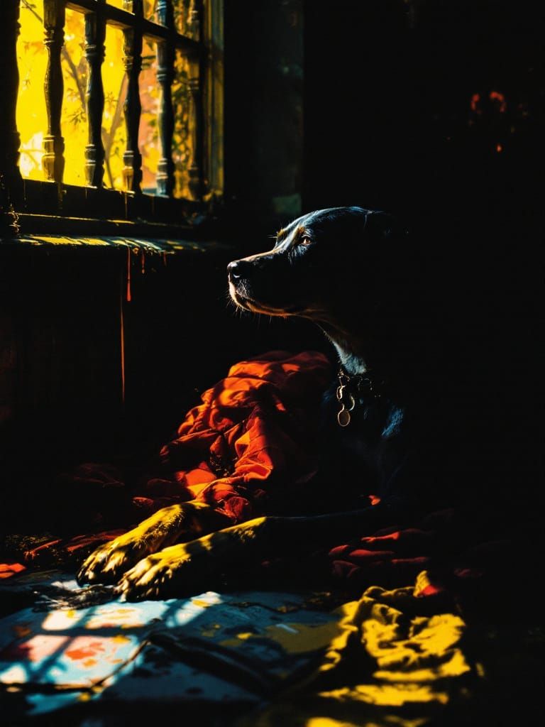 Luminous Dog in Shadow, Jewel Tones and Velvet Darkness