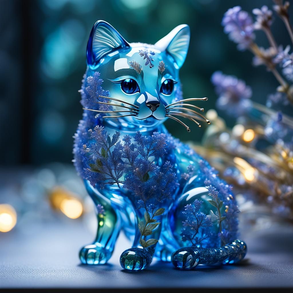 Bioluminescent Glass Cat Sculpture in Crystal Style