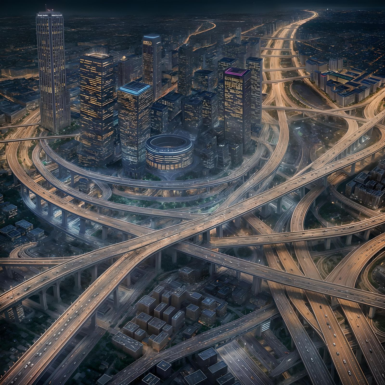 Night View of Multistory Freeway Interchange