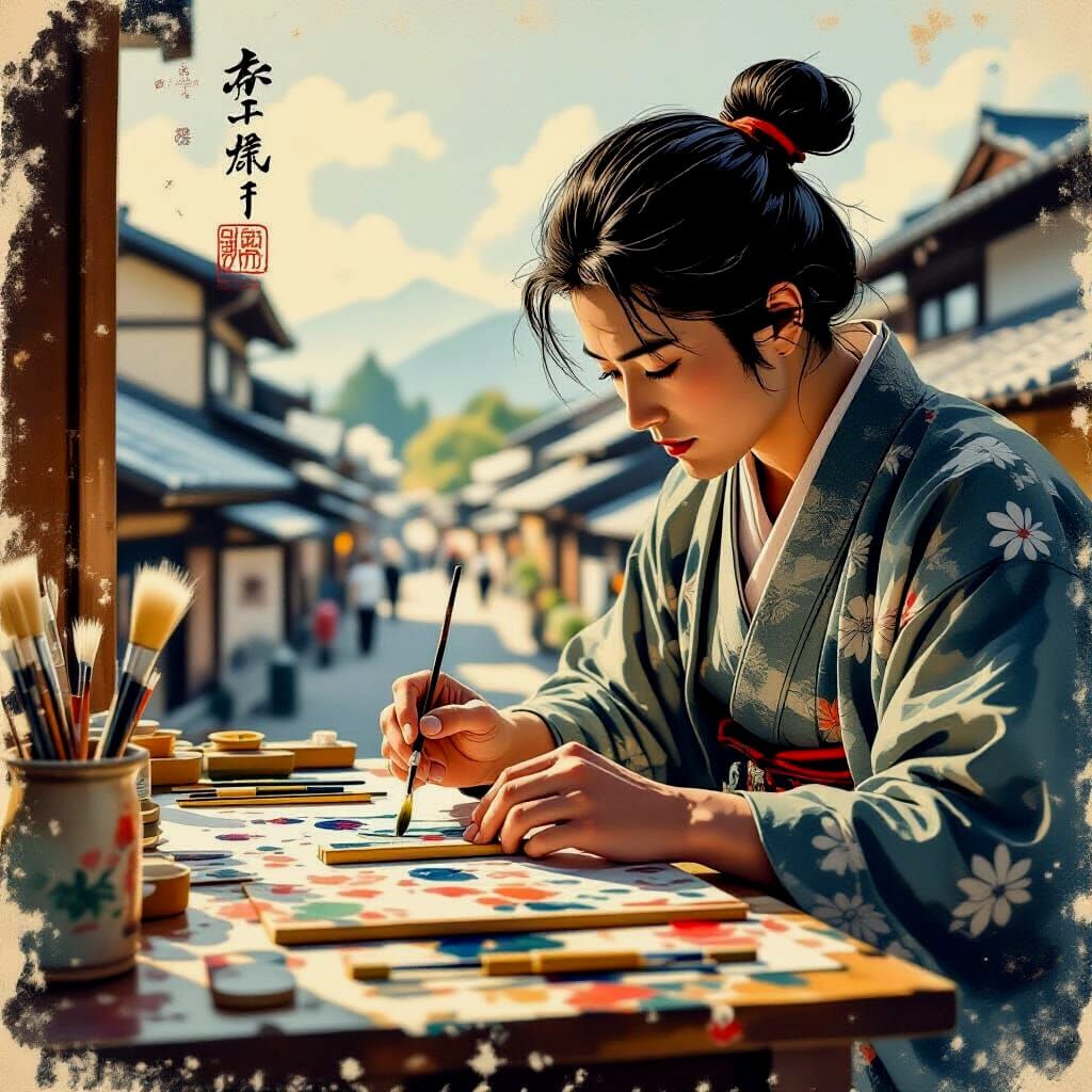 Ukiyo-e Artist Crafting Tiny Paintbrush