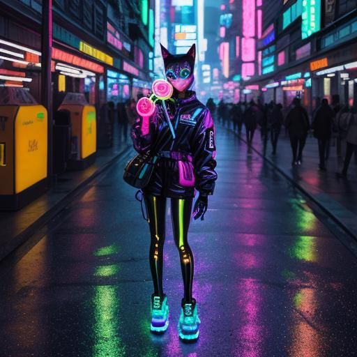 Girl-Fox with Gum Candy in Cyberpunk City
