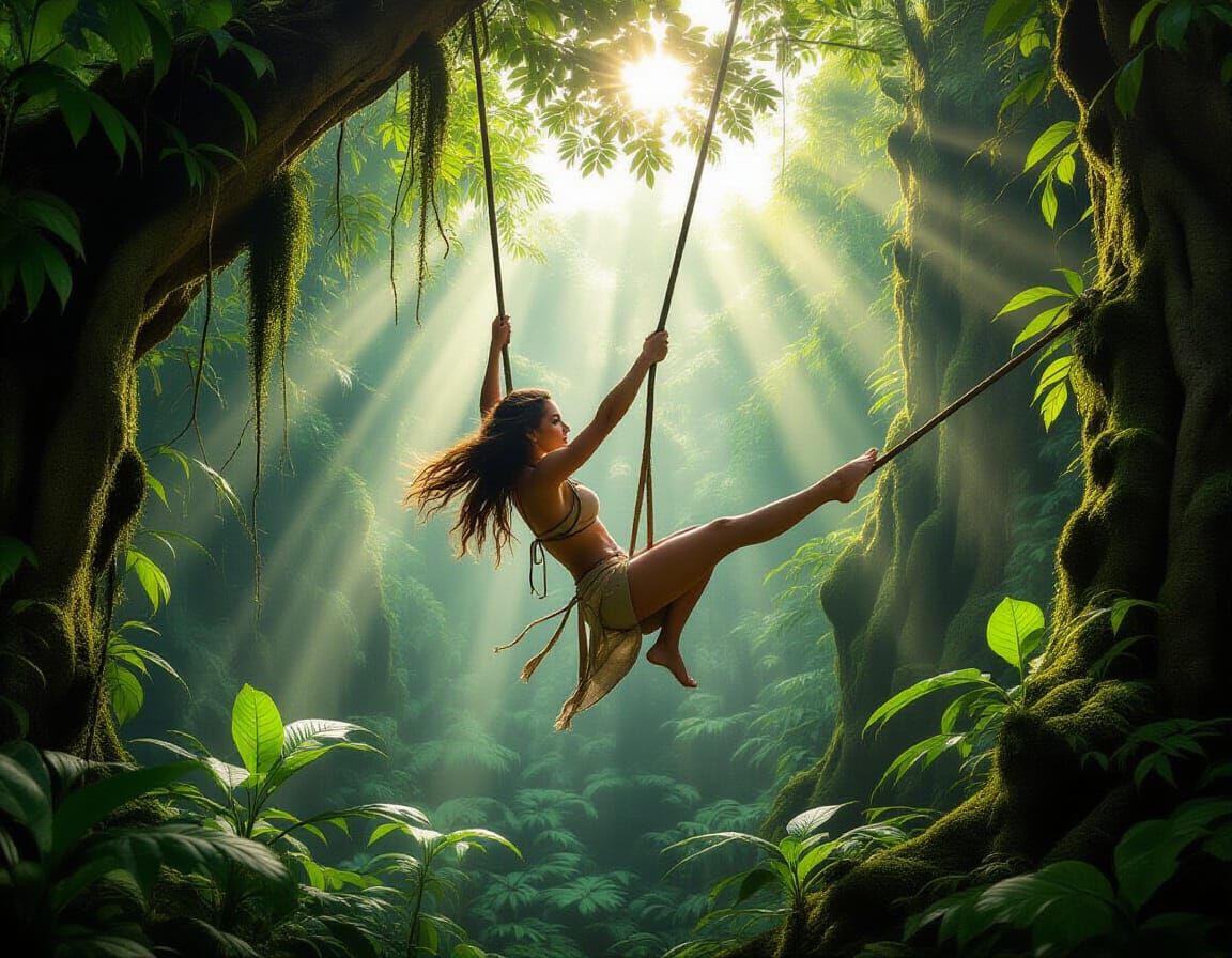 Athletic Woman Swings Through Lush Jungle