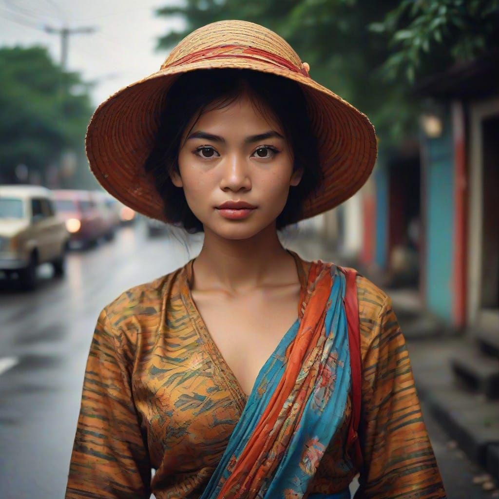 Filipina Soldier Strides Through Bustling Market in Tropical...