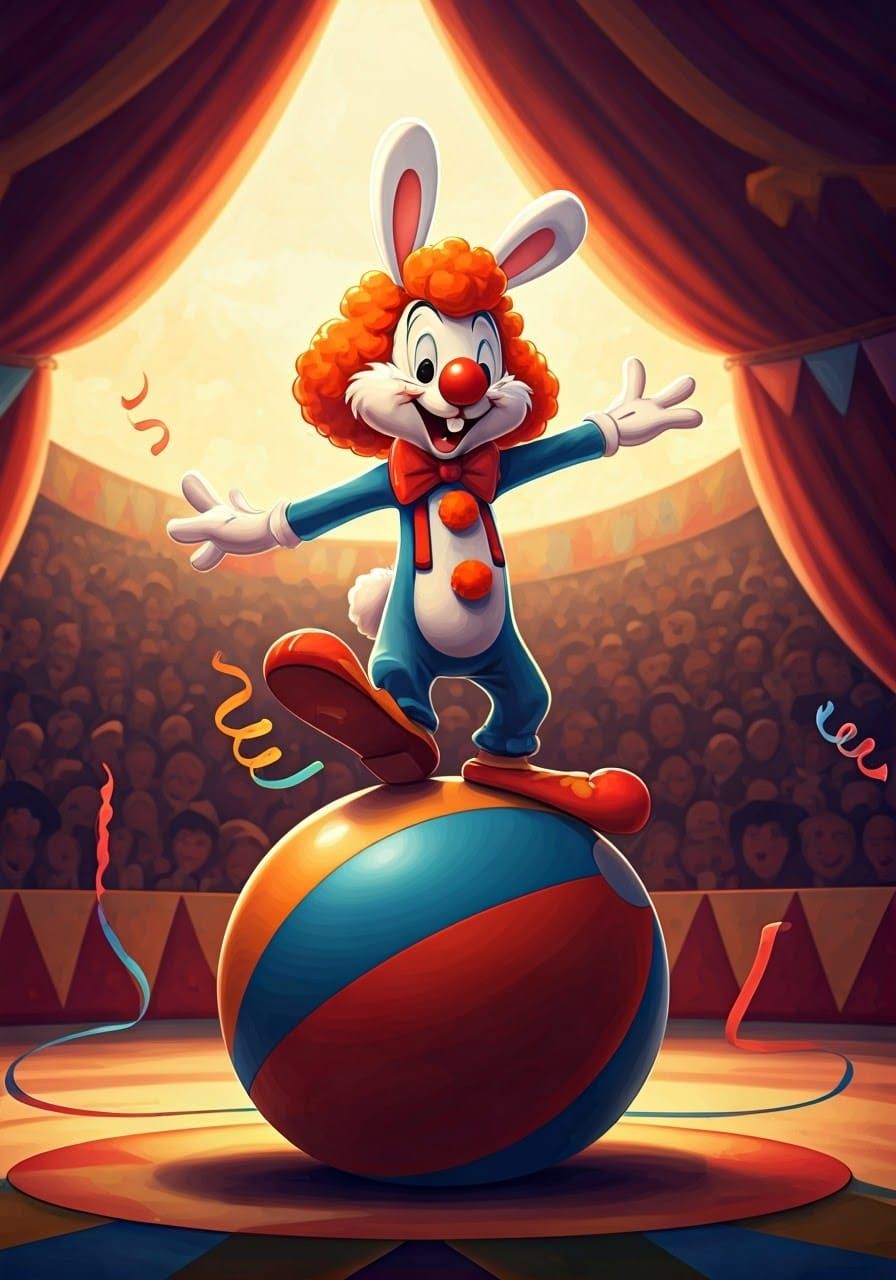Cartoon Rabbit Clown Balances on Circus Ball