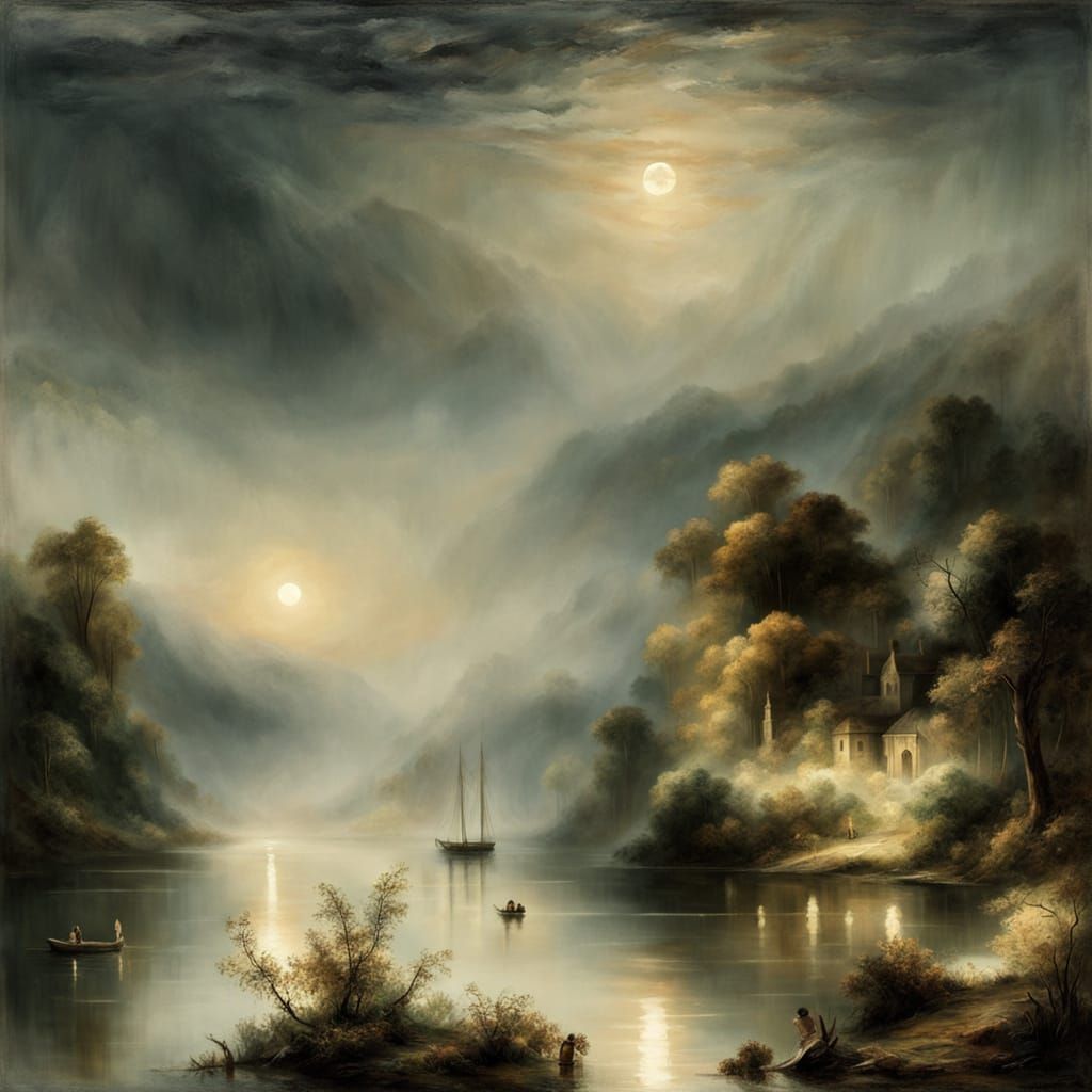 Misty Moonlit Lake in Romantic Style