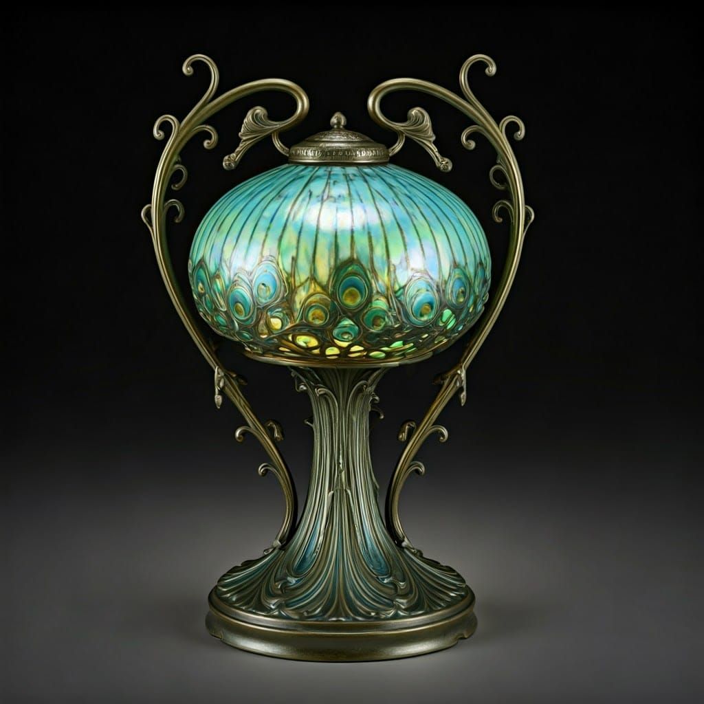 Art Nouveau Peacock Lamp with Iridescent Glass