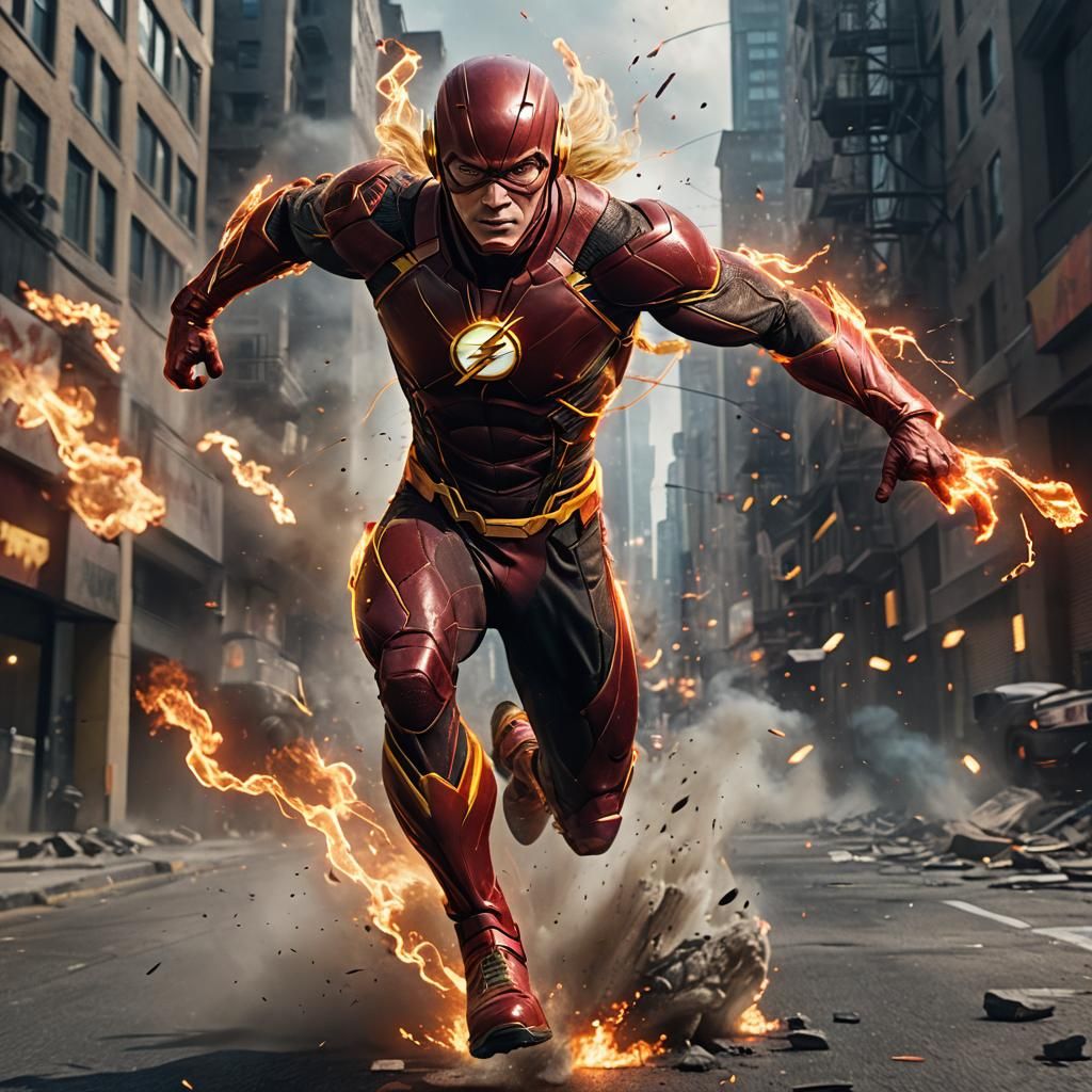 The Flash Running Through Burning City, Detailed Digital Art