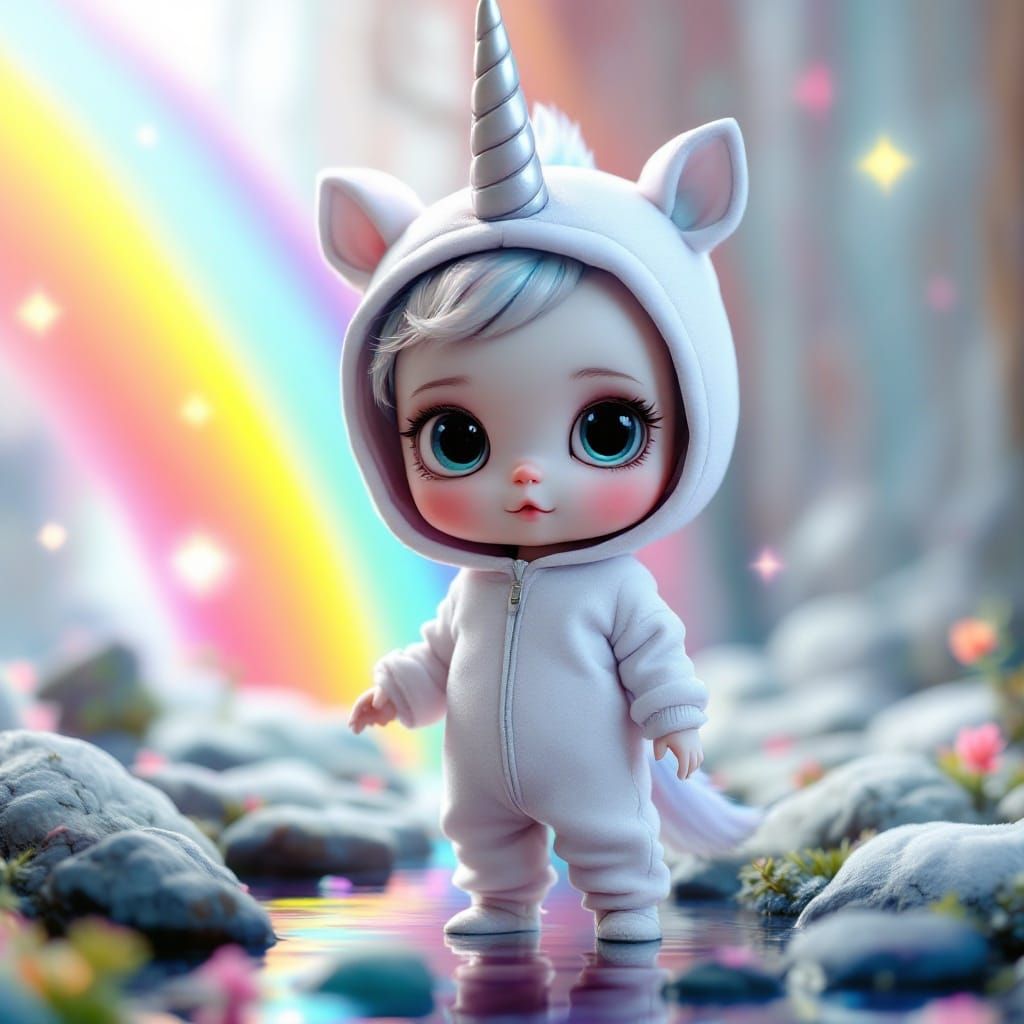 Surreal Child in Unicorn Suit with Rainbow