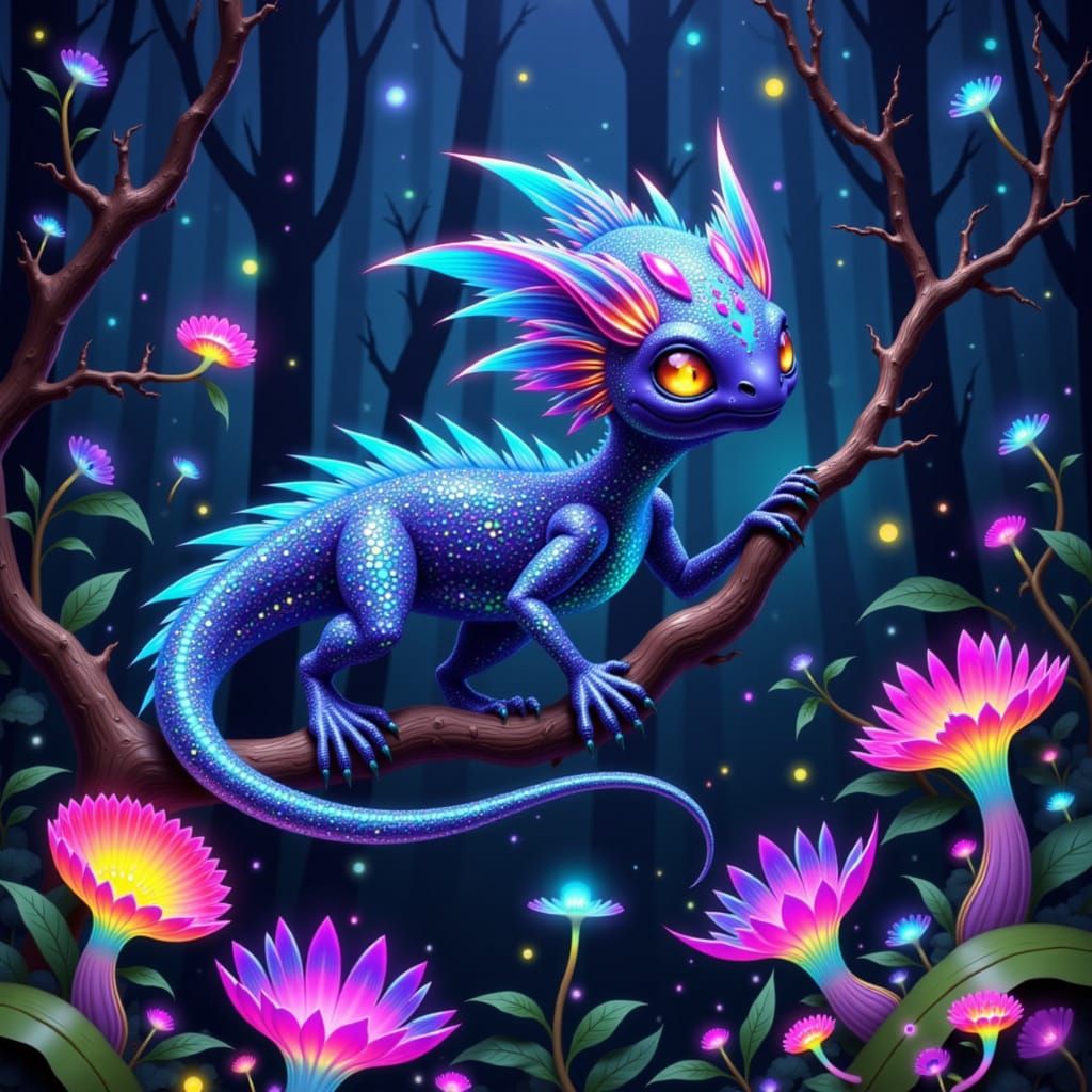 Bioluminescent Alien Creature in Lush Forest