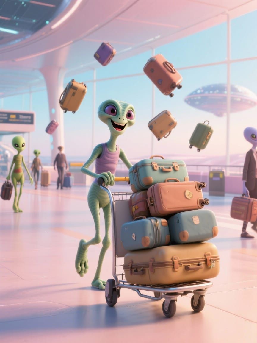 Disney Pixar Alien Pushing Luggage at Spaceport