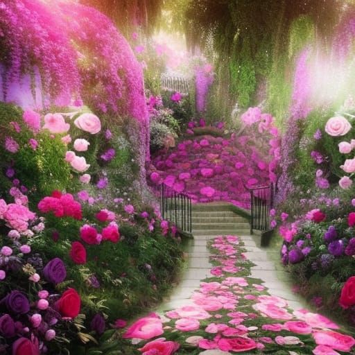 Magical rose Garden with purple roses& blue roses& pink roses& red roses& magical vibes& ethereal vibes& shimmery vibes