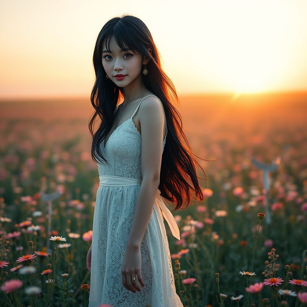 Japanese Woman in Wildflower Field at Dawn