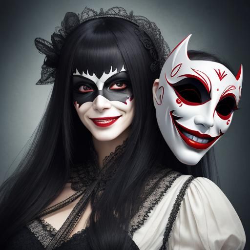 A woman with a sinister expression holding up a smiling pret...