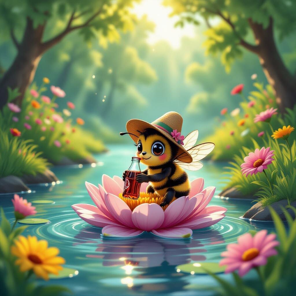 Bee Sipping Cola by River in Illustrative Style