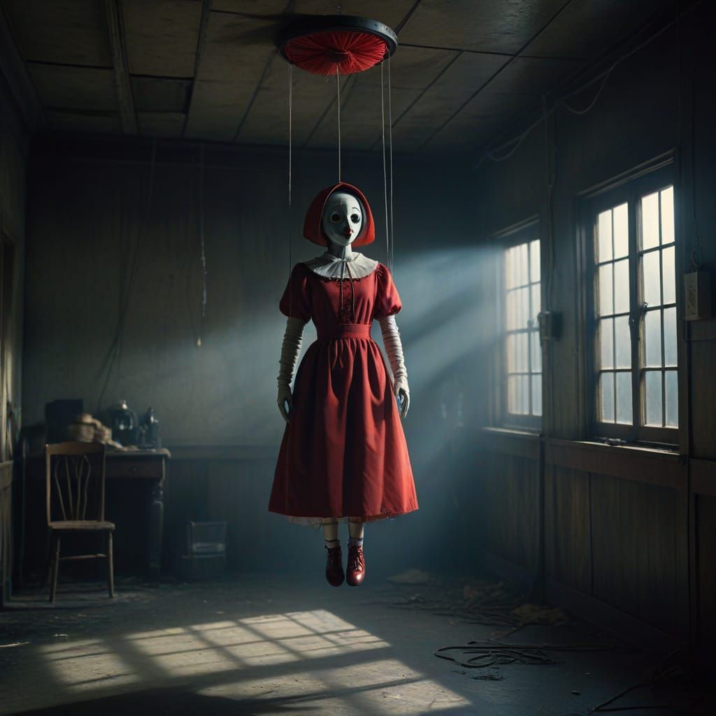 Cinematic Marionette Handmaid in Dark, Atmospheric Chamber