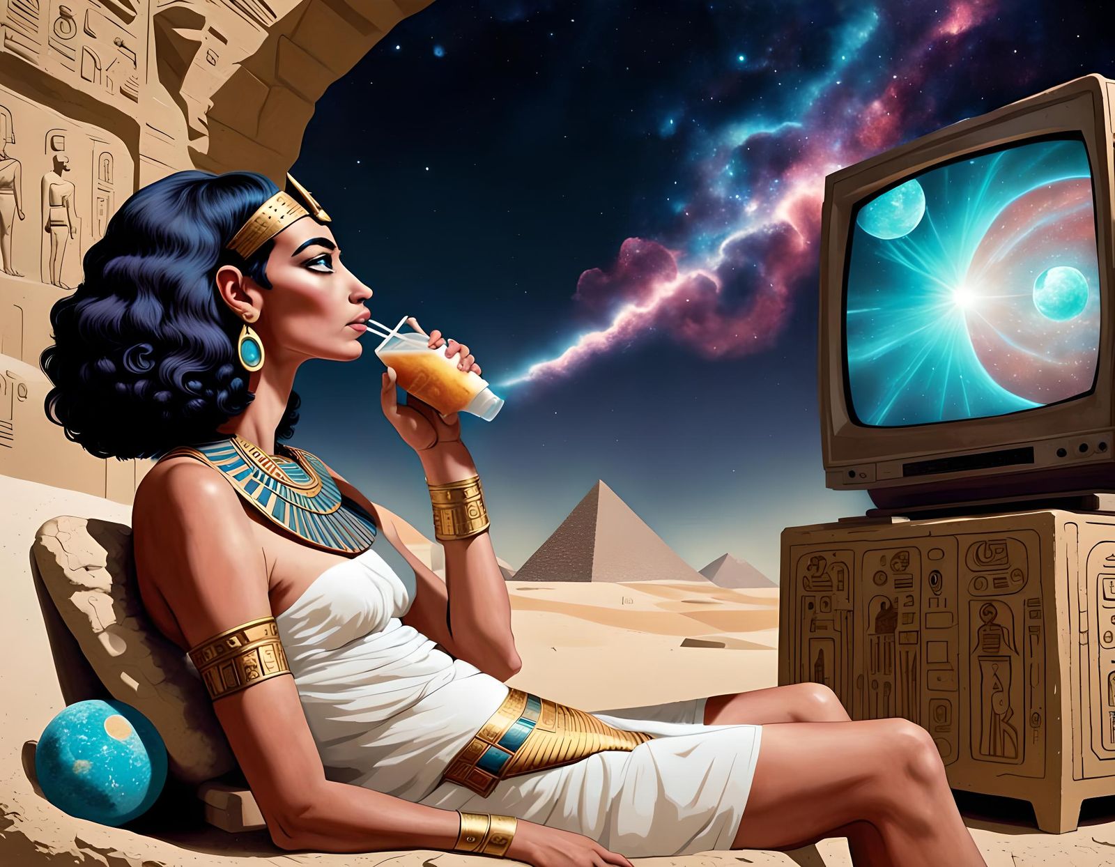 Egyptian Deity Watching Television in Cosmic Scene