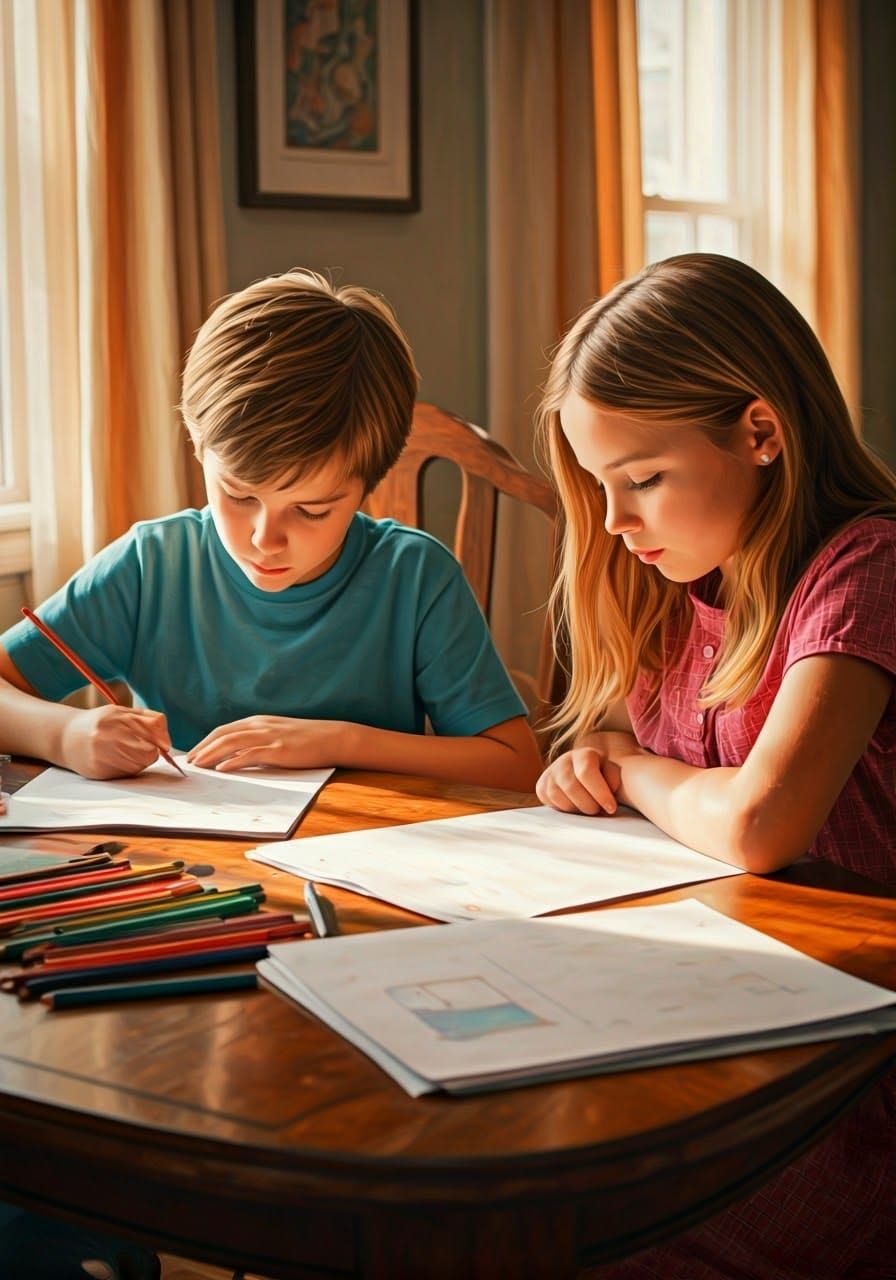 Two Children Study Together in a Warm, Impressionist Kitchen...