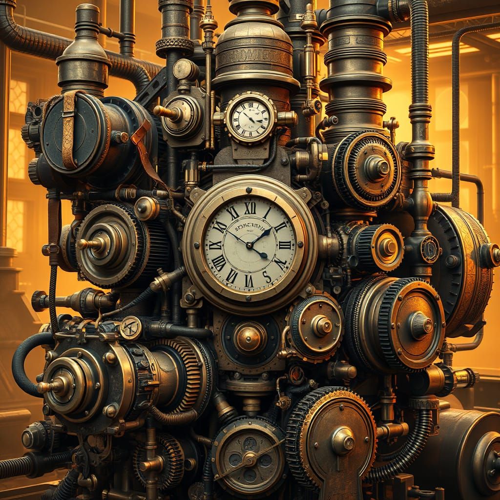 Intricate Steampunk Engine in Warm Golden Light