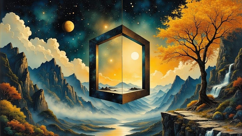 Surreal Autumn Landscape Framed by Fractured Cube