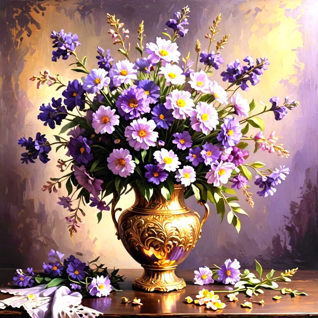 Purple Flowers in Ornate Vase as 3D Oil Painting