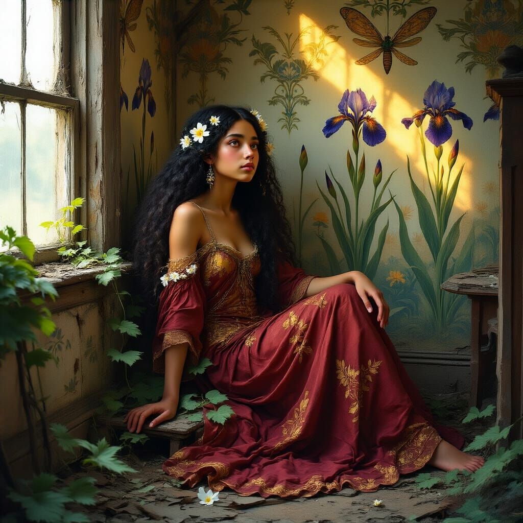 Art Nouveau Dreamer in Dilapidated Cottage