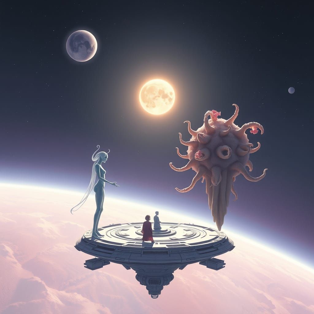 A serene interstellar meeting unfolds between two vastly dif...