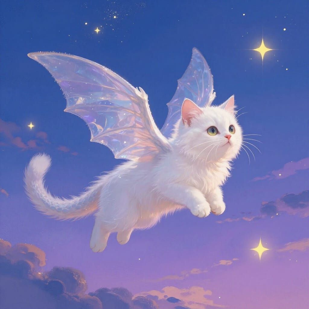 Whimsical Kitten Soars Through Twilight Sky