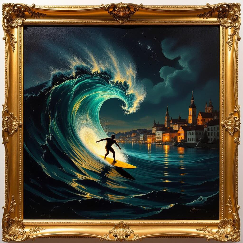 Golden Surfer Rides Bioluminescent Wave in Baroque Night Tow...