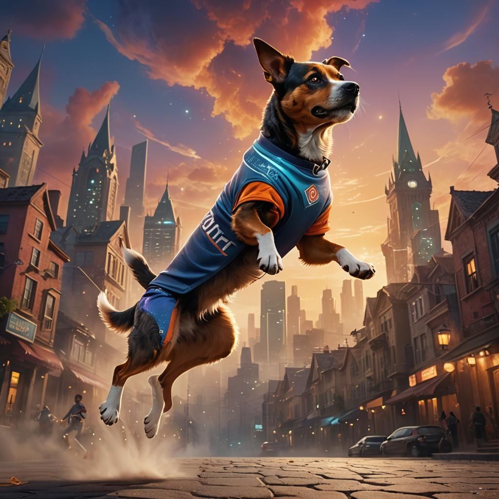 Mystical Cityscape Dance: Dog in Athletic Gear