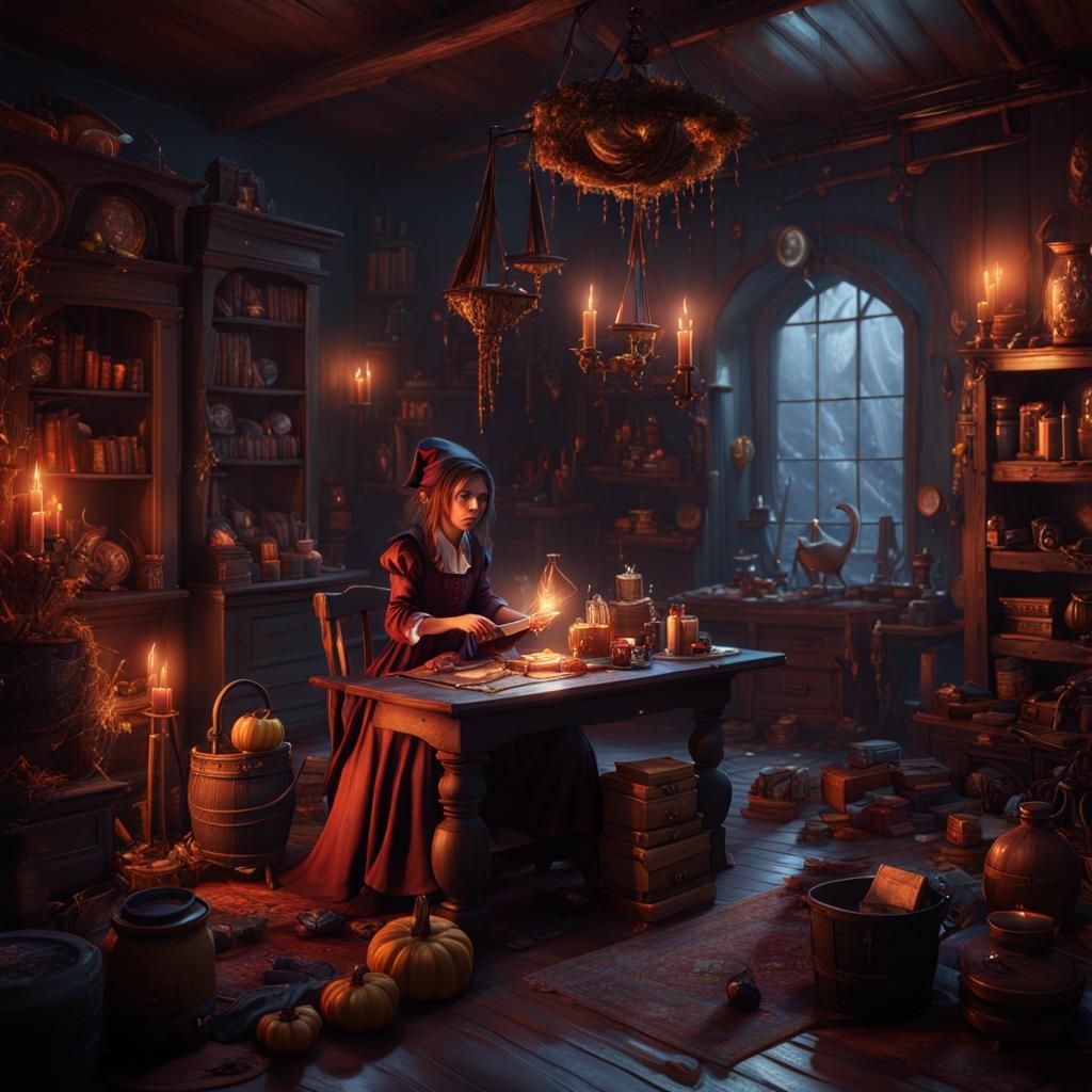 Witch Girl in Messy Room: Detailed Matte Painting