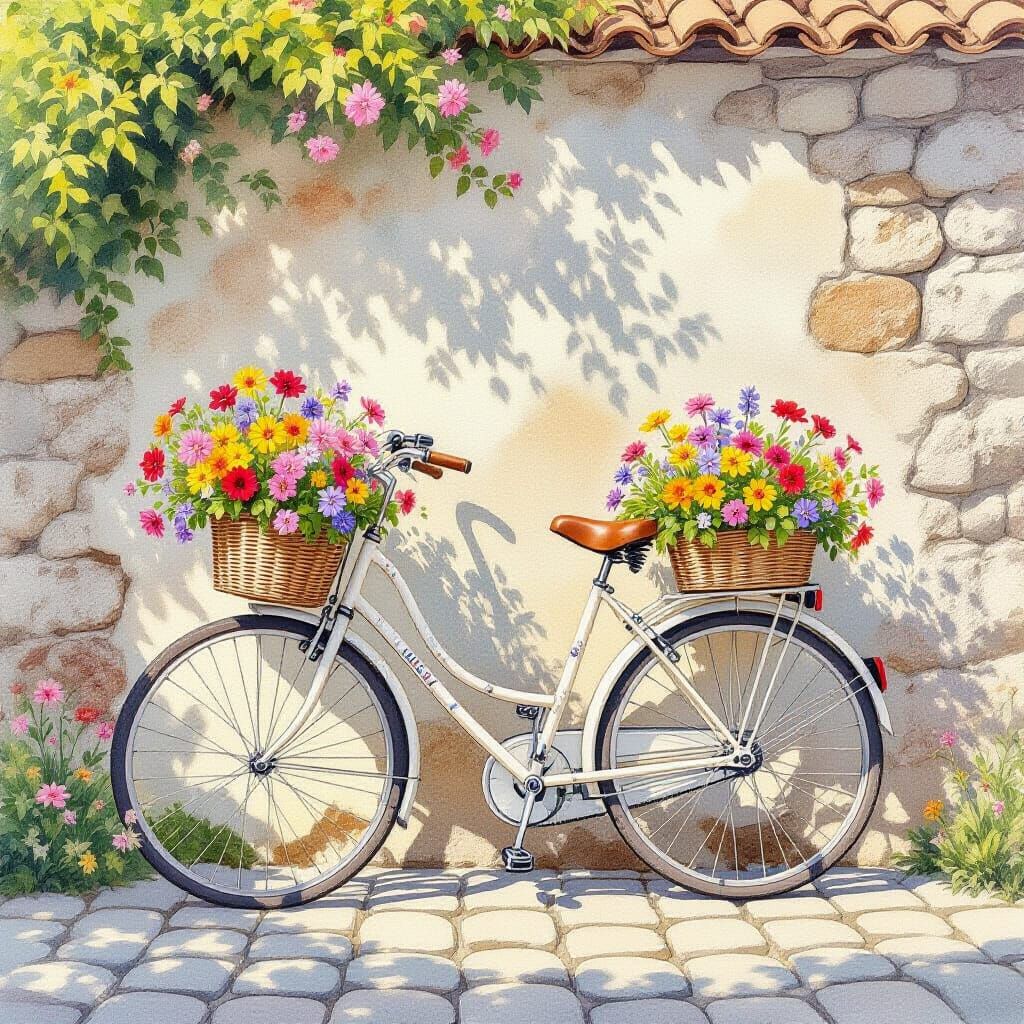 Vintage Bicycle with Flowers in Painterly Watercolor Style