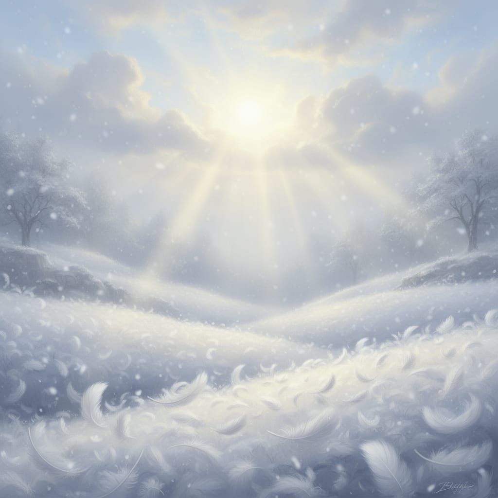 Ethereal Valley in Feather Snowstorm with Heavenly Light