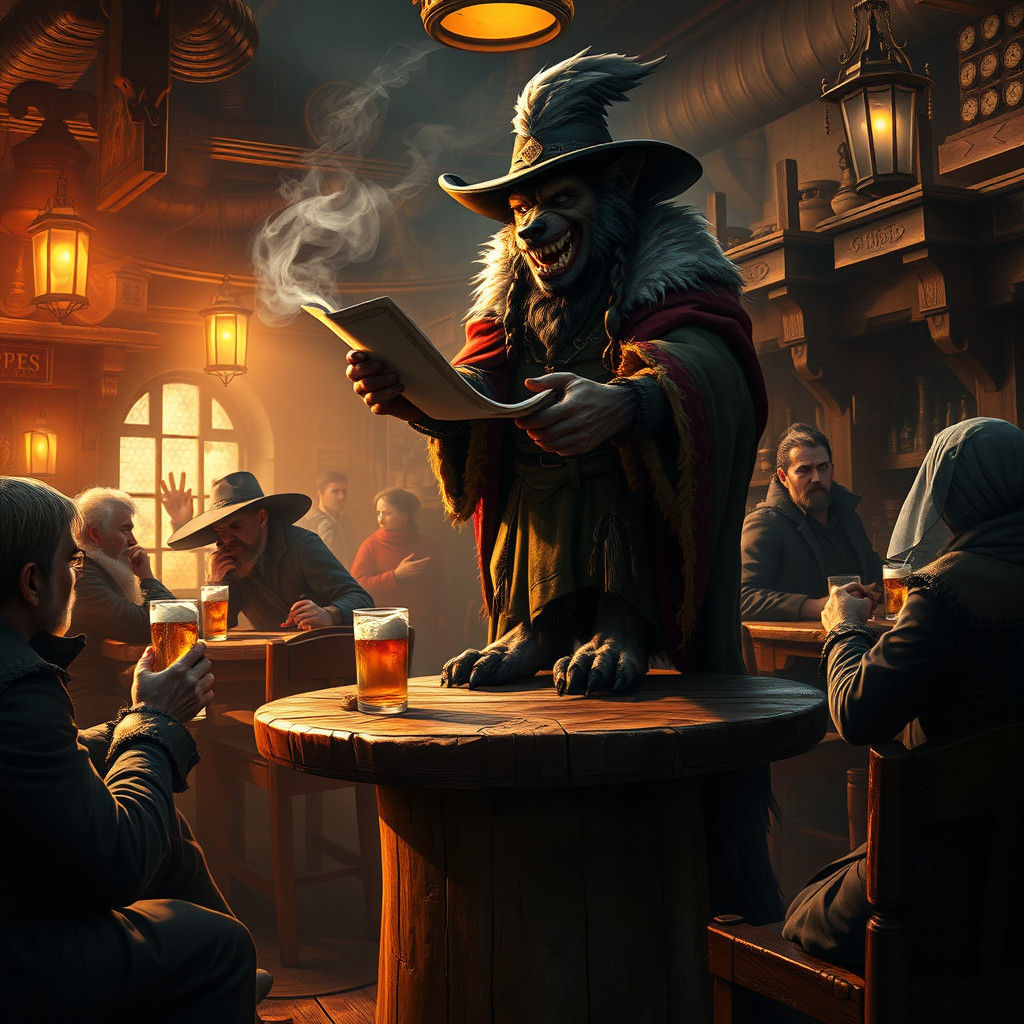 Jovial Werewolf Bard in Bustling Tavern, Fantasy Concept Art