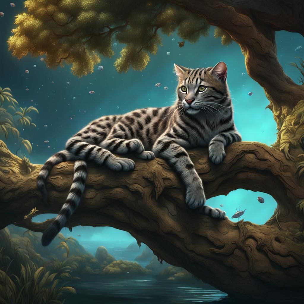 Fishing Cat Relaxing in Tree, Detailed Digital Art