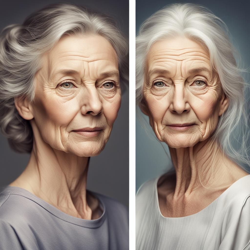 Portrait shot, a stunning, beautiful russian woman with flawless porcelain skin. The left half of her face is youthful a...