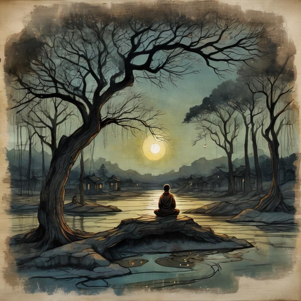 Meditating Monk in Bonsai Village: Watercolor and Ink