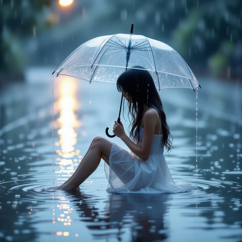 Raindrop Girl with Umbrella in the Style of Kiri Ken