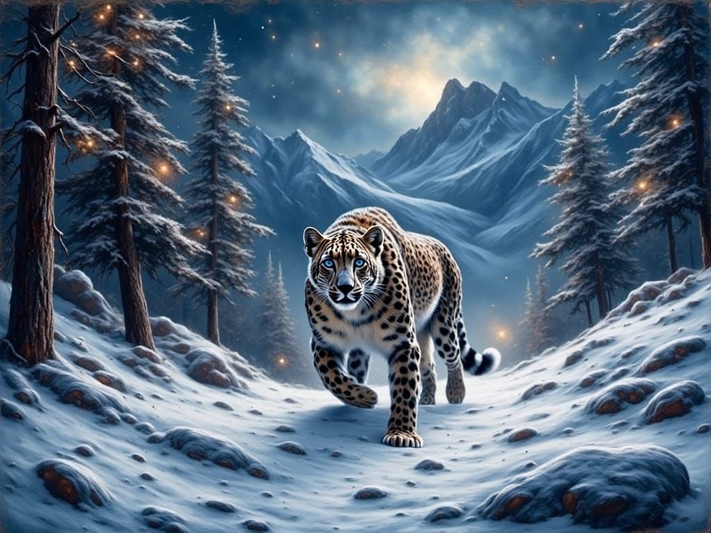Snow Leopard in Winter Mountainscape: Grungy Oil Painting
