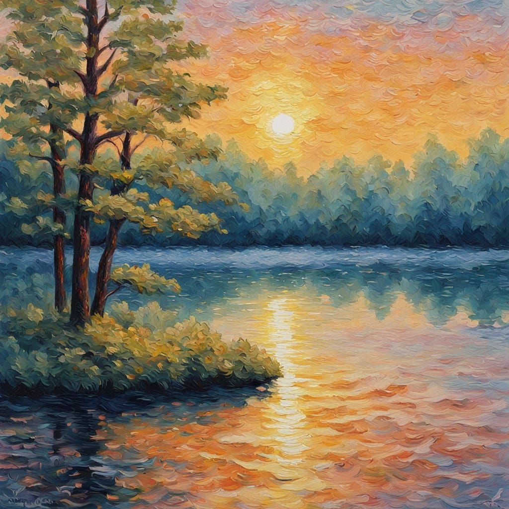 Serene Lake at Dawn in Neo-Impressionism Style