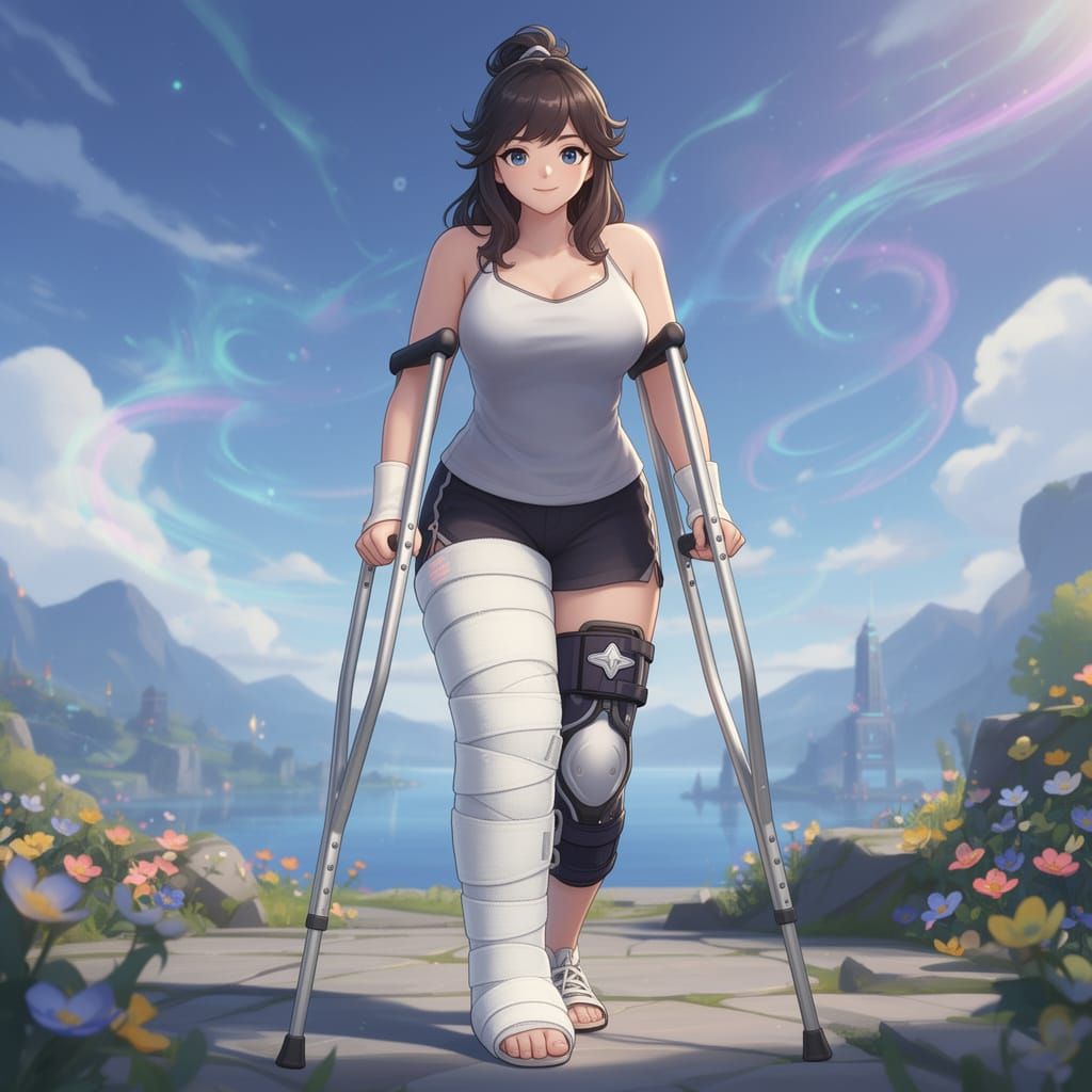 Anime Woman with Leg Cast and Crutches in 3D Style