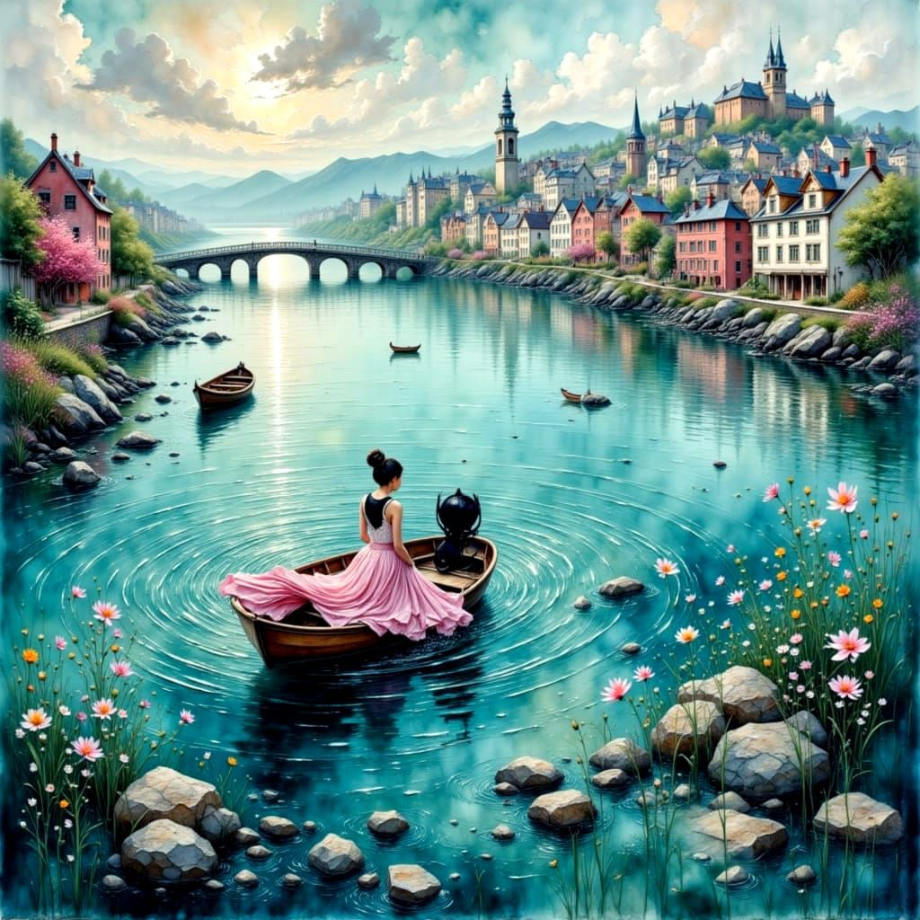 Harmonious Cityscape Seascape in Impasto Style