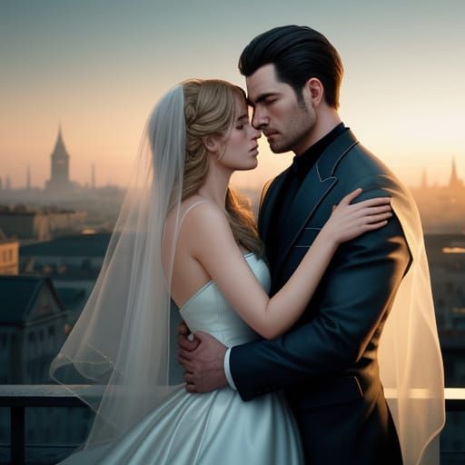 Romantic Rooftop Embrace in Cinematic Lighting
