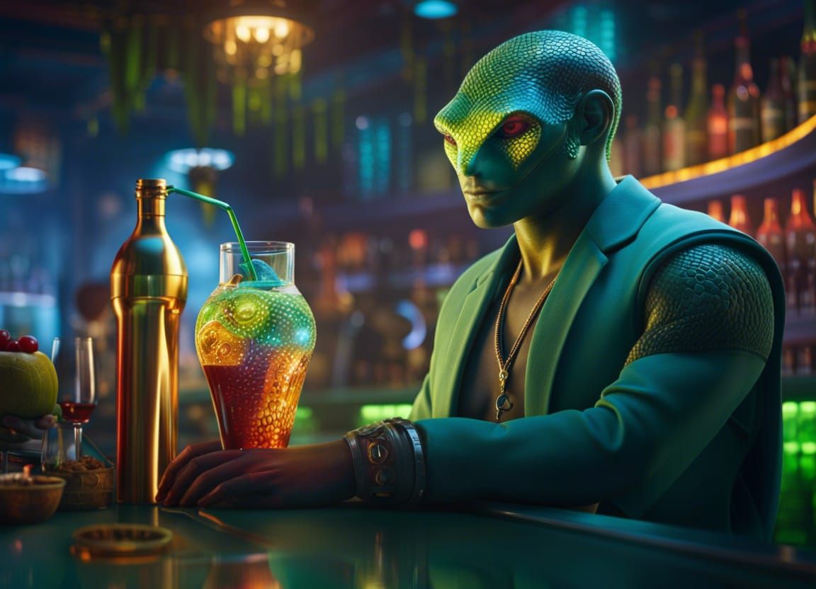 Snake-Man Alien Bartender in Sci-Fi Bar