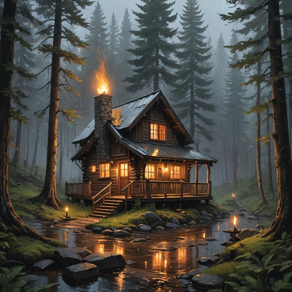 Candlelit Cabin in Alpine Forest: Hyperrealistic Splash Art