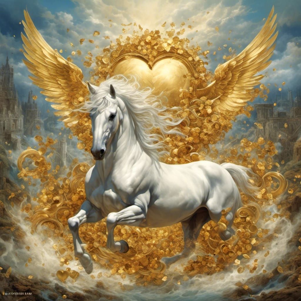 Golden Pegasus Emerges From Heart in Hyperreal Detail