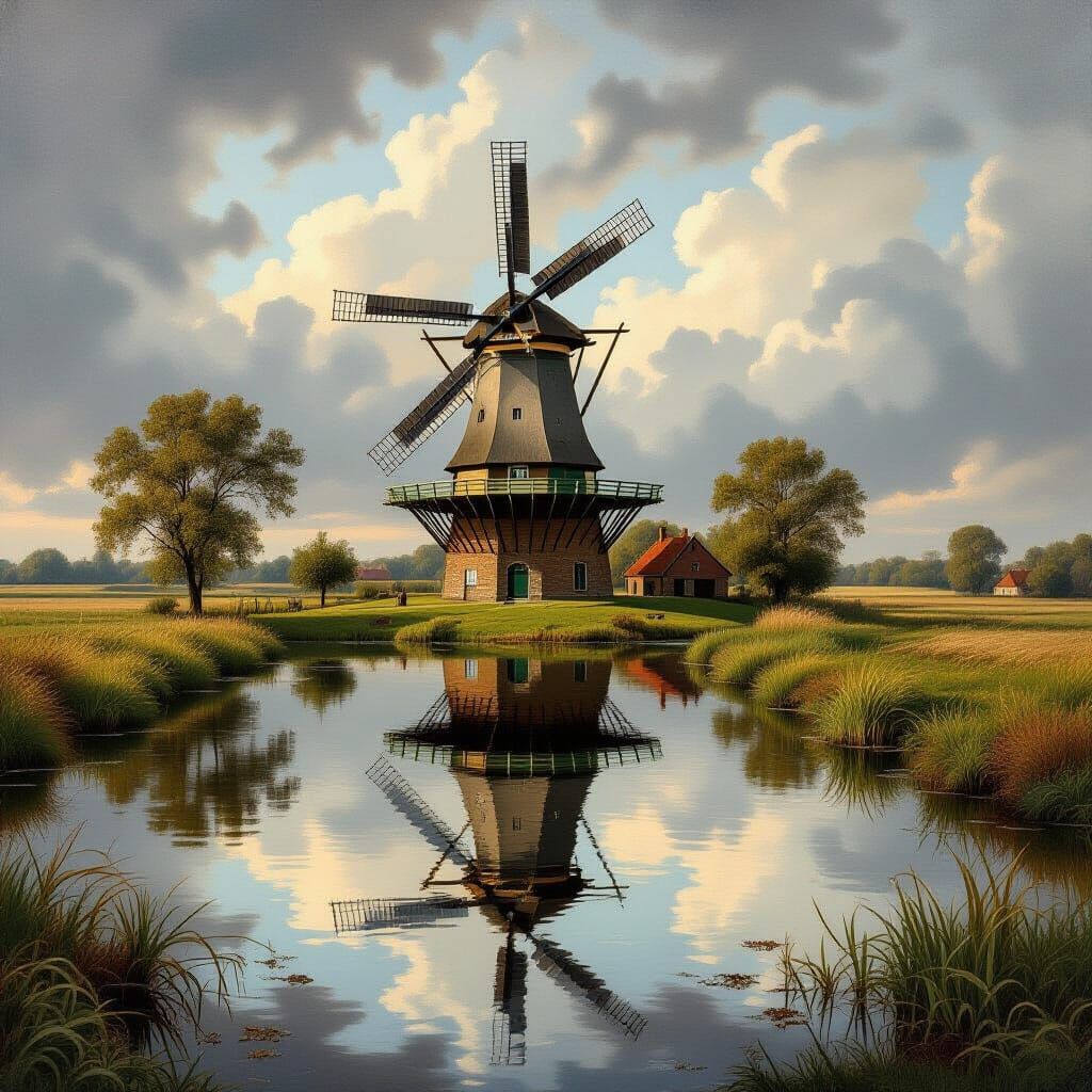 Dutch Windmill Landscape in Golden Age Style